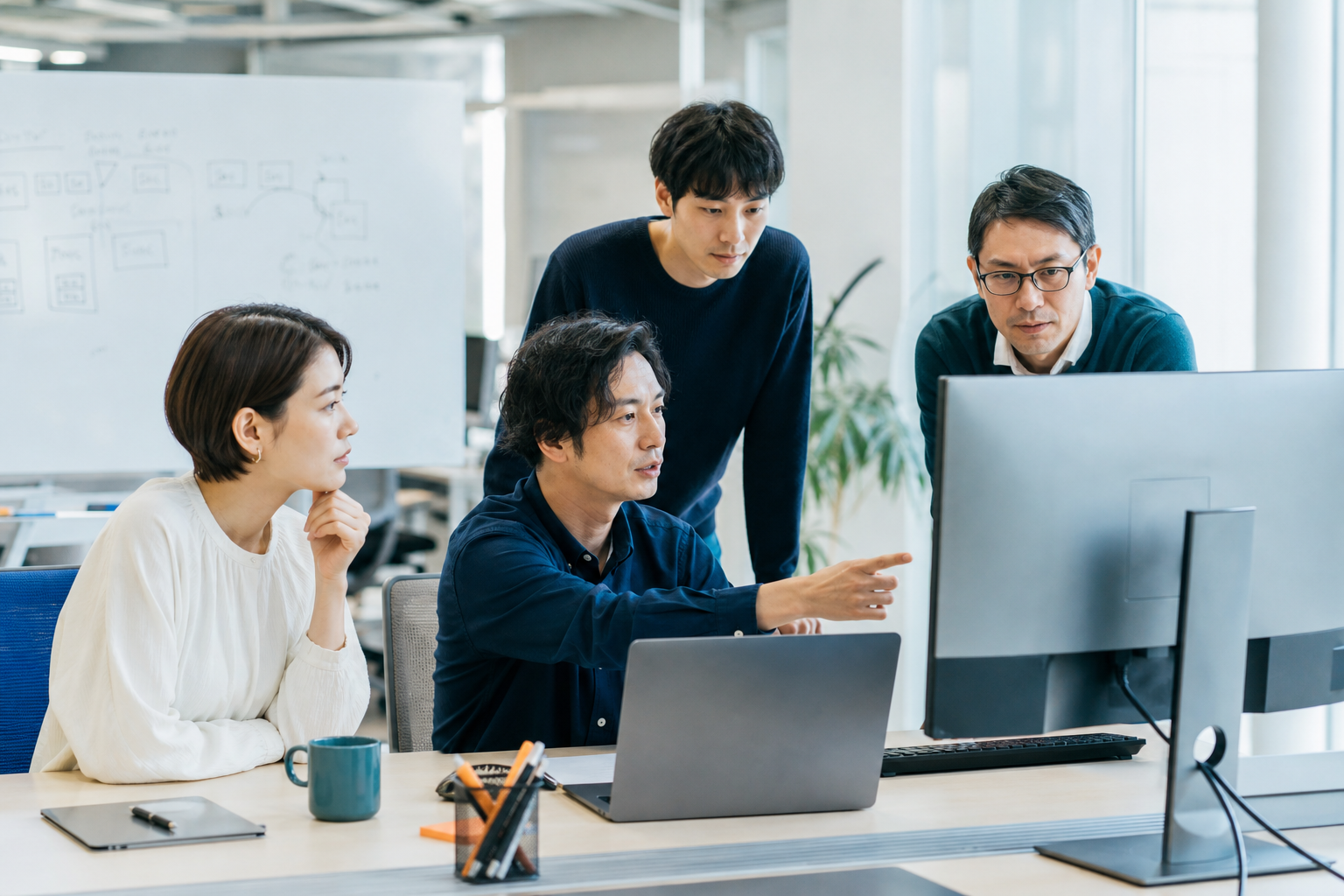 開発レビューを行うSES企業のエンジニアチーム