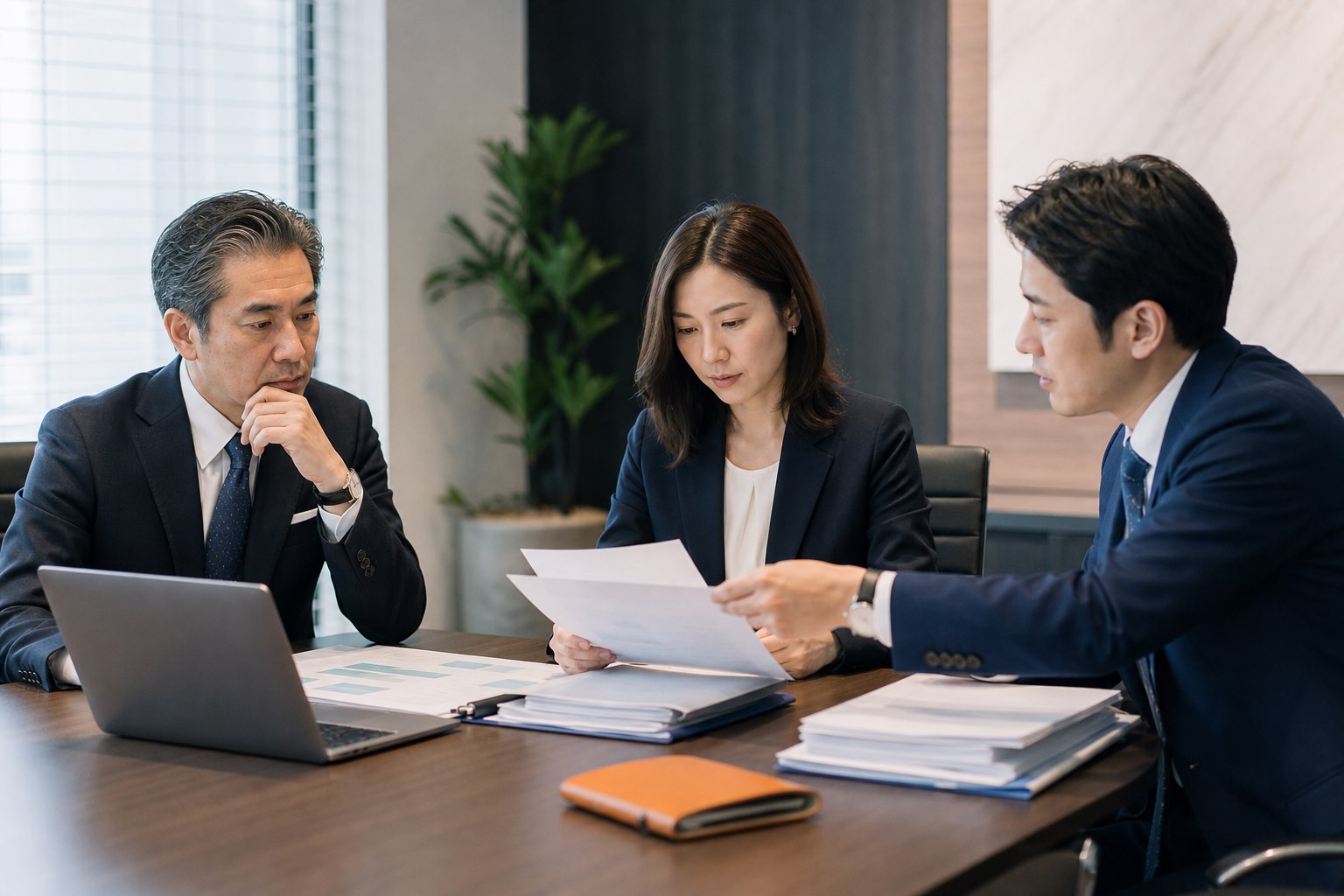 SES会社の経営者と管理担当者、M&Aアドバイザーが契約や稼働状況を整理する様子