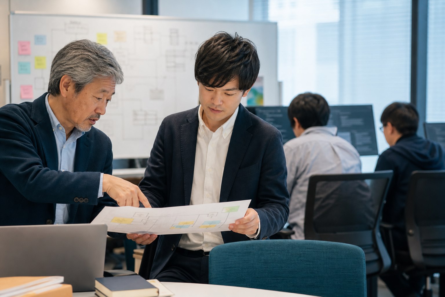 SES会社の経験豊富な技術責任者と若手リーダーが案件運営と技術継承を確認する様子