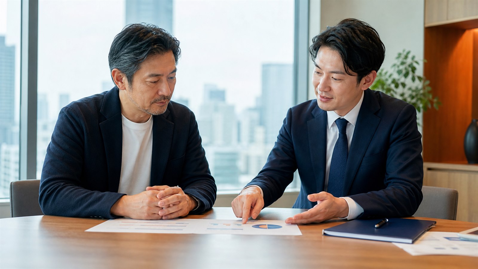 SES会社の経営者とM&Aアドバイザーが事業承継について相談する様子